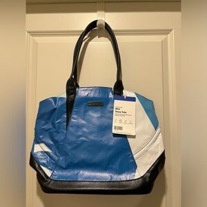 NWT Billboard Material Zip Tote Bag Blue White and Black Colorblock and Pockets